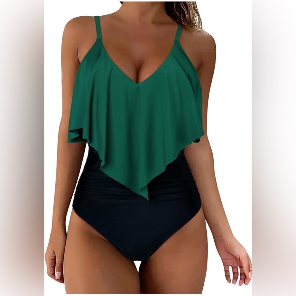 Emerald Green and Black Layered One Piece Swimsuit